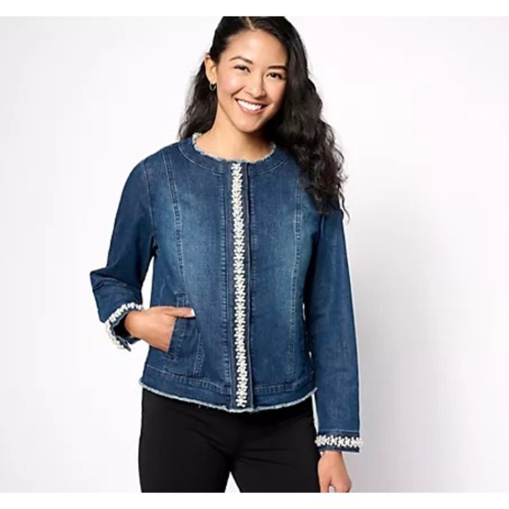 LOGO Denim Lori Goldstein Pearl Trim Raw Edge Jacket Blue 20W Casual Evening